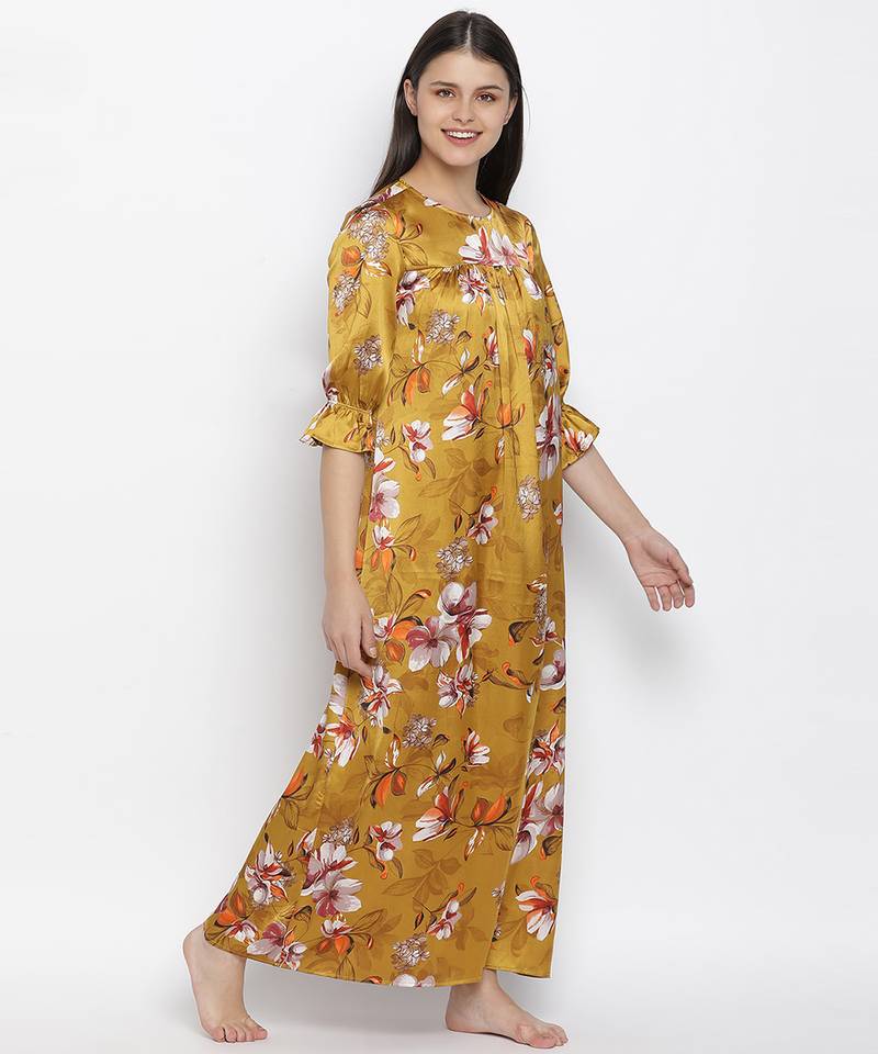 Mustard floral satin print women nightwear dress