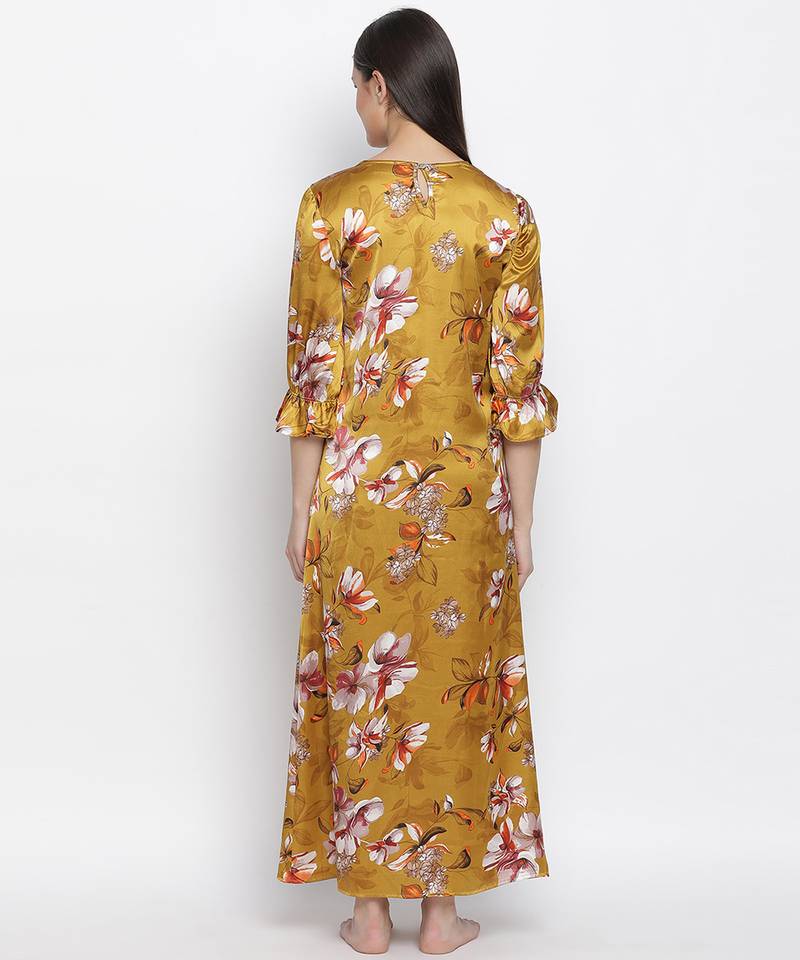 Mustard floral satin print women nightwear dress