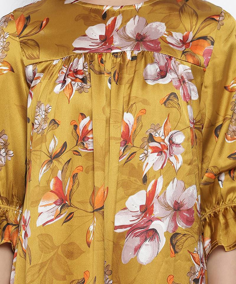 Mustard floral satin print women nightwear dress