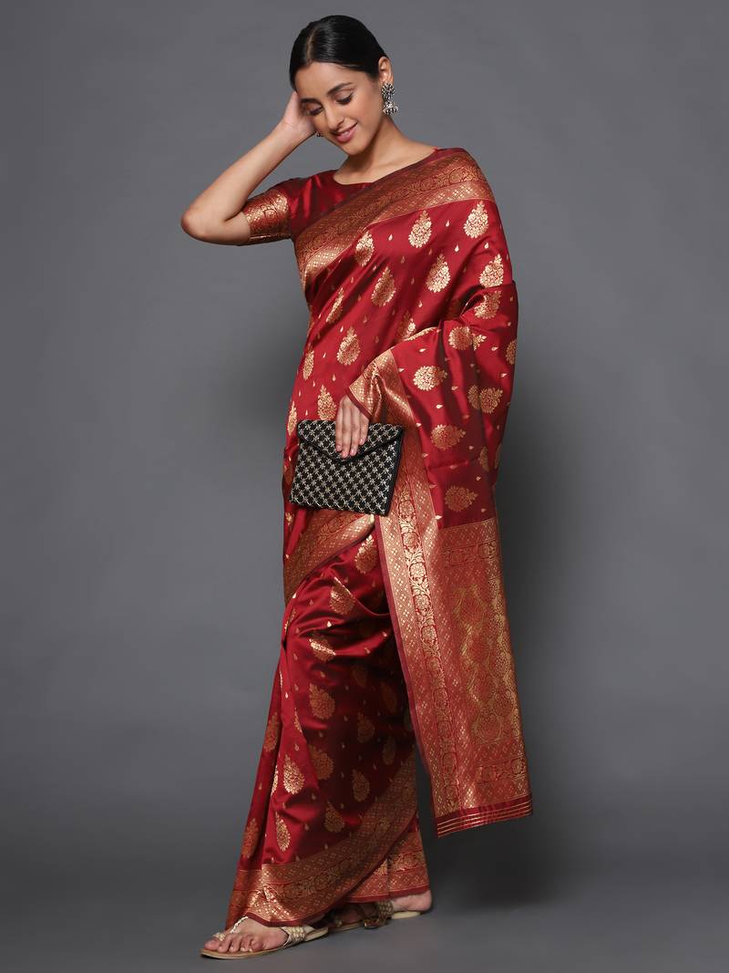 Glemora Maroon Beautiful Ethnic Wear Silk Blend  Traditional Saree