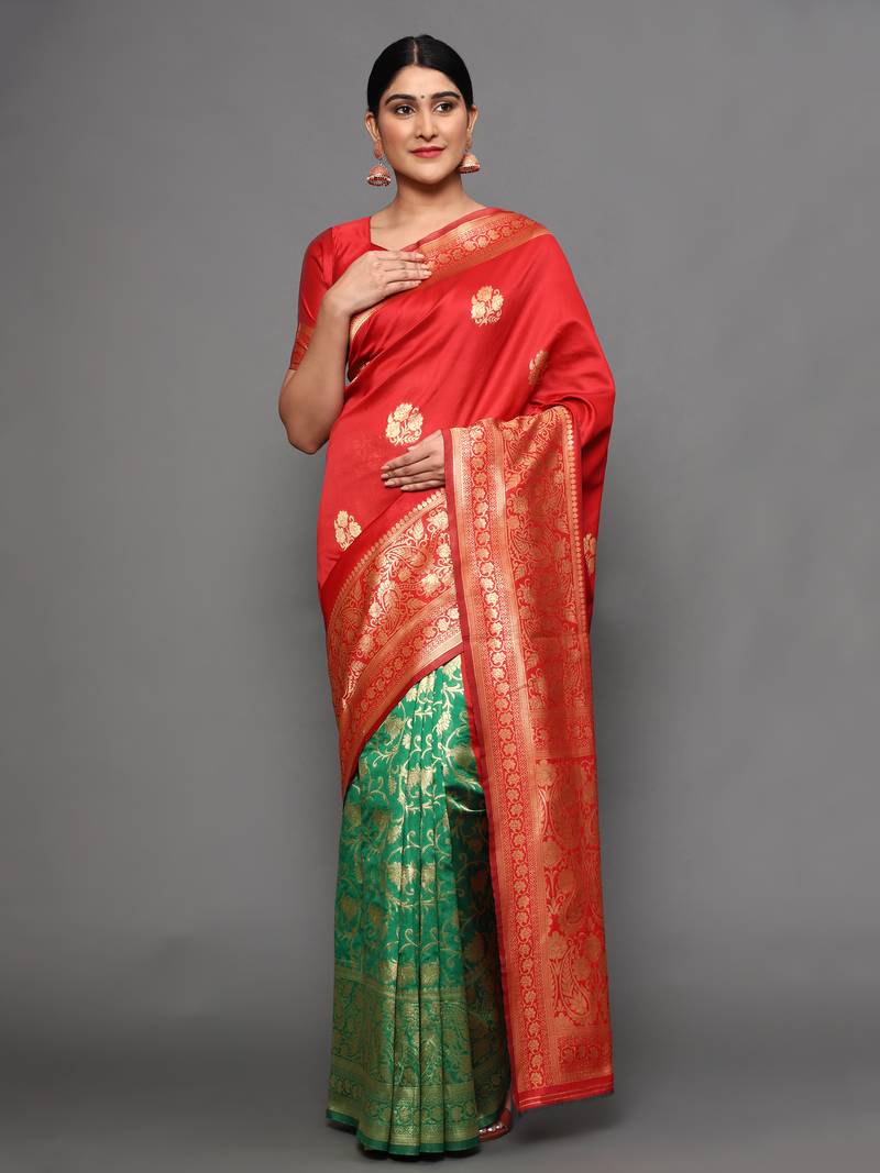Glemora Red Fancy Ethnic Wear Silk Blend  Traditional Saree