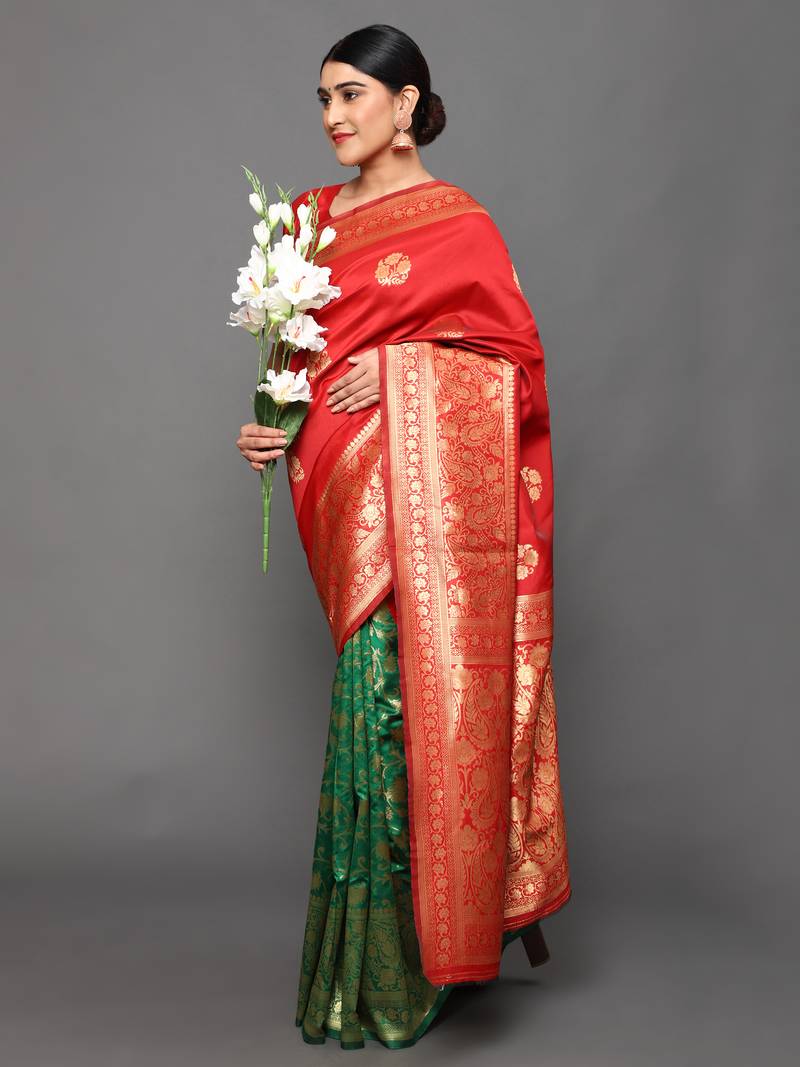 Glemora Red Fancy Ethnic Wear Silk Blend  Traditional Saree