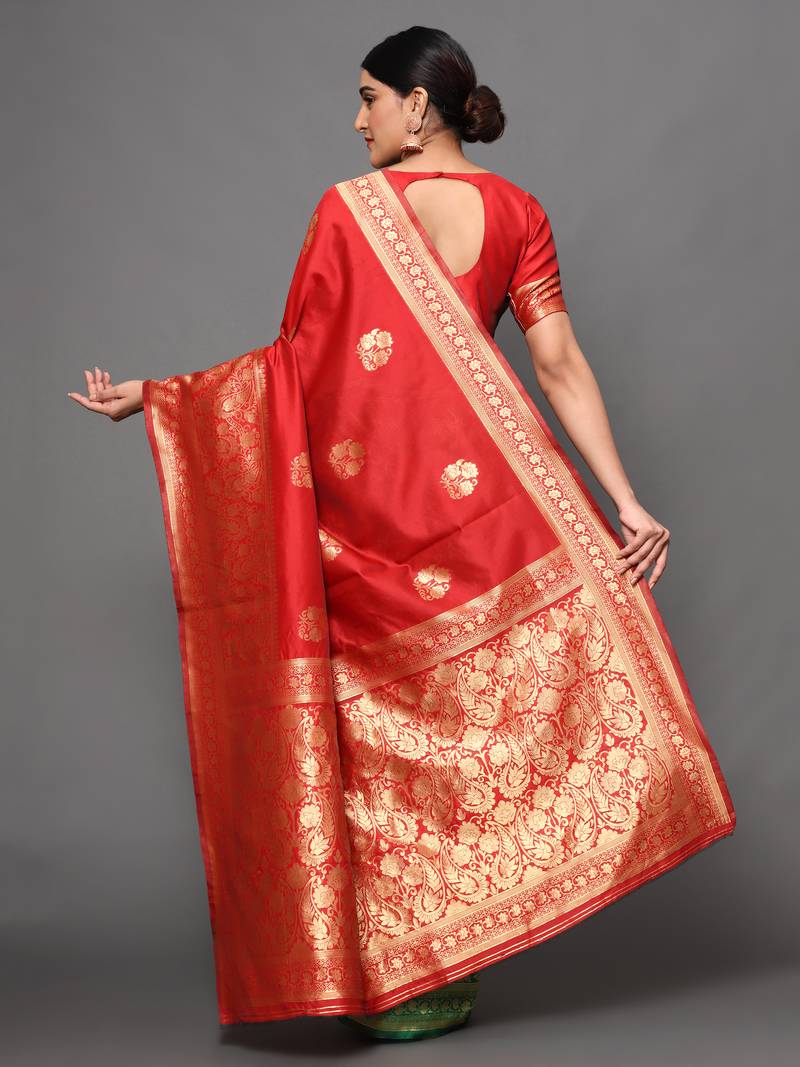 Glemora Red Fancy Ethnic Wear Silk Blend  Traditional Saree