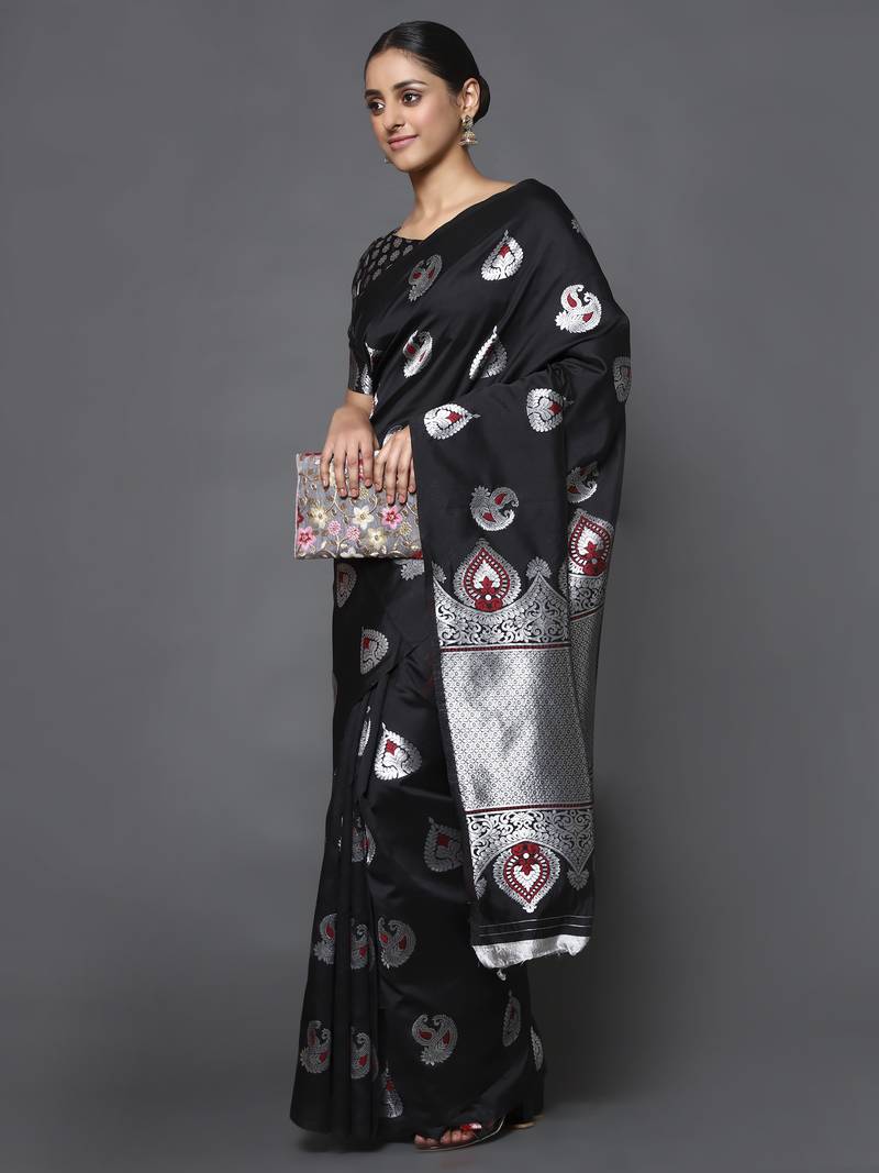 Glemora Black Designer Ethnic Wear Silk Blend  Traditional Saree