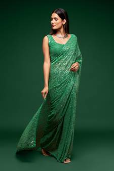 Mint Green Thread And Multiple Sequins Embroidered Georgette Party Wear Bridal Wedding Festival Designer Saree