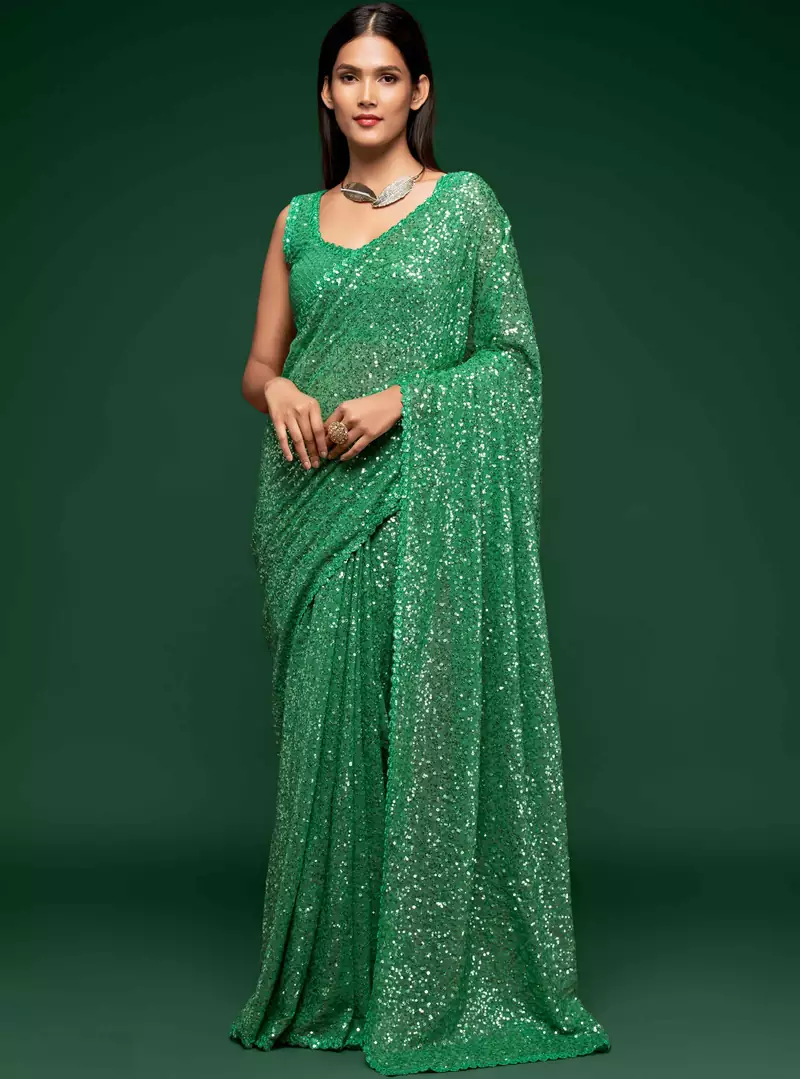 Light green embroidered georgette saree with blouse