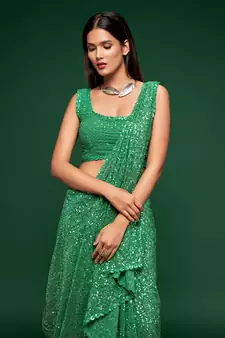Mint Green Thread And Multiple Sequins Embroidered Georgette Party Wear Bridal Wedding Festival Designer Saree