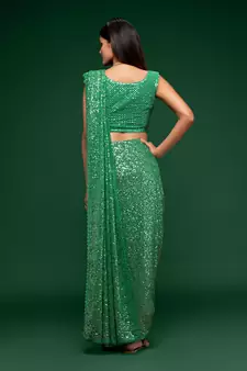 Mint Green Thread And Multiple Sequins Embroidered Georgette Party Wear Bridal Wedding Festival Designer Saree