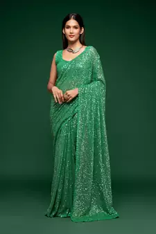 Mint Green Thread And Multiple Sequins Embroidered Georgette Party Wear Bridal Wedding Festival Designer Saree