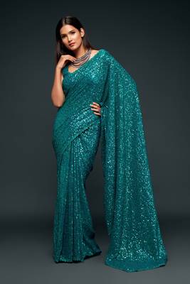 Teal Blue Thread And Multiple Sequins Embroidered Georgette Saree 1
