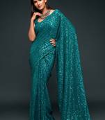 Teal Blue Thread And Multiple Sequins Embroidered Georgette Saree