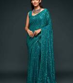 Teal embroidered georgette saree with blouse
