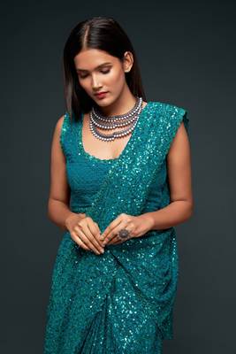 Teal Blue Thread And Multiple Sequins Embroidered Georgette Saree 3