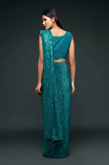 Teal Blue Thread And Multiple Sequins Embroidered Georgette Saree
