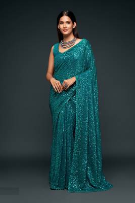 Teal Blue Thread And Multiple Sequins Embroidered Georgette Saree 5