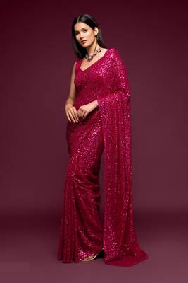 Rani Pink Thread And Multiple Sequins Embroidered Georgette Party Wear Bridal Wedding Festival Designer Saree 1