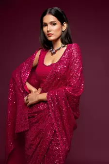 Rani Pink Thread And Multiple Sequins Embroidered Georgette Party Wear Bridal Wedding Festival Designer Saree