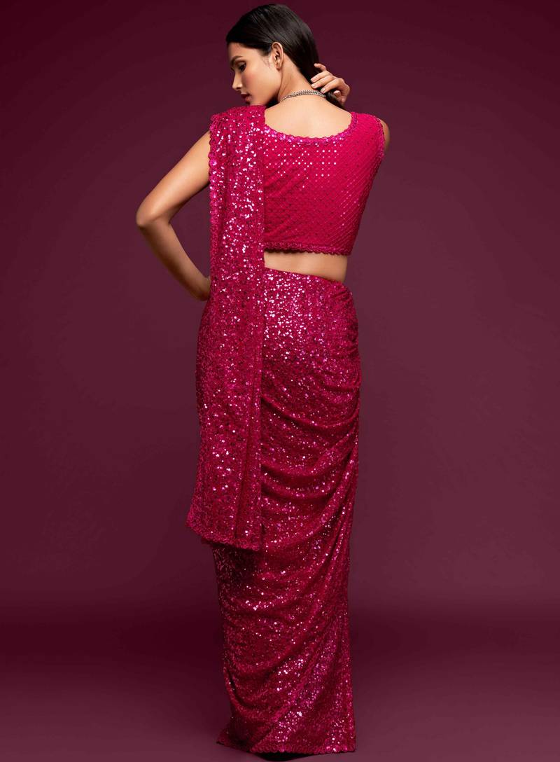 Pink embroidered georgette saree with blouse