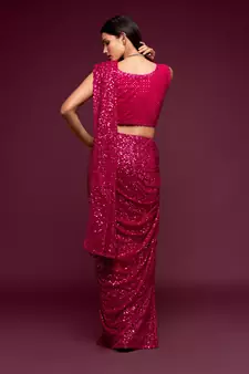 Rani Pink Thread And Multiple Sequins Embroidered Georgette Party Wear Bridal Wedding Festival Designer Saree