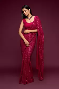 Rani Pink Thread And Multiple Sequins Embroidered Georgette Party Wear Bridal Wedding Festival Designer Saree