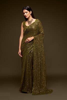 Olive Green Thread And Multiple Sequins Embroidered Georgette Party Wear Bridal Wedding Festival Designer Saree 1