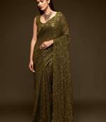 Olive embroidered georgette saree with blouse