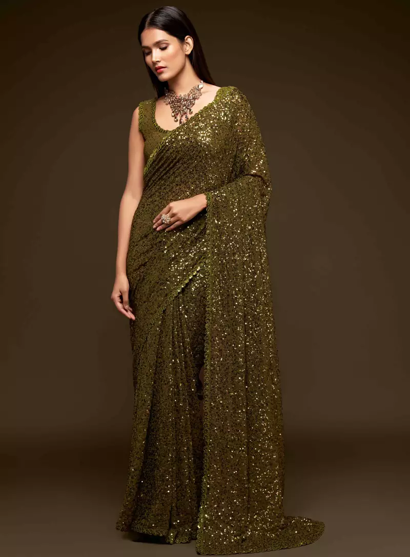 Olive embroidered georgette saree with blouse