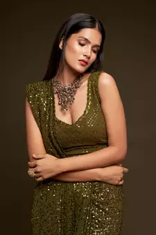 Olive Green Thread And Multiple Sequins Embroidered Georgette Party Wear Bridal Wedding Festival Designer Saree