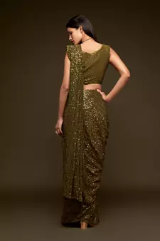 Olive Green Thread And Multiple Sequins Embroidered Georgette Party Wear Bridal Wedding Festival Designer Saree