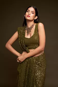 Olive Green Thread And Multiple Sequins Embroidered Georgette Party Wear Bridal Wedding Festival Designer Saree