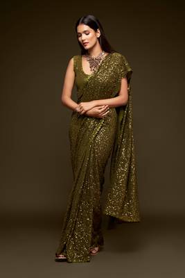 Olive Green Thread And Multiple Sequins Embroidered Georgette Party Wear Bridal Wedding Festival Designer Saree 6