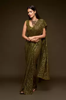 Olive Green Thread And Multiple Sequins Embroidered Georgette Party Wear Bridal Wedding Festival Designer Saree
