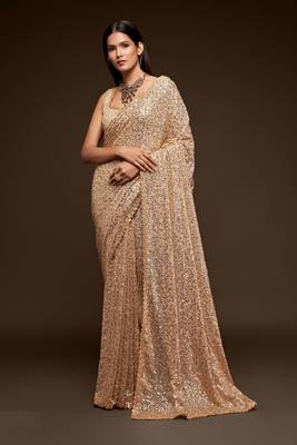 Beige Embroidered Georgette Party Saree 5