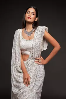 Pearl White Thread And Multiple Sequins Embroidered Georgette Party Wear saree