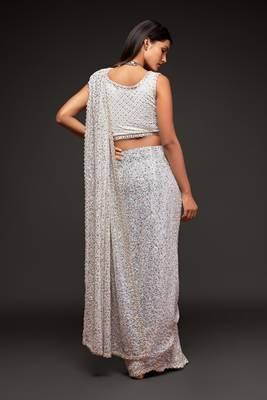 Pearl White Thread And Multiple Sequins Embroidered Georgette Party Wear saree 3