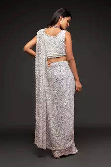Pearl White Thread And Multiple Sequins Embroidered Georgette Party Wear saree
