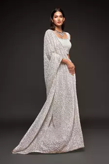 Pearl White Thread And Multiple Sequins Embroidered Georgette Party Wear saree