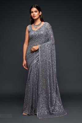Grey Thread And Multiple Sequins Embroidered Georgette Party Wear Bridal Wedding Festival Designer Saree 1
