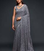 Grey embroidered georgette saree with blouse