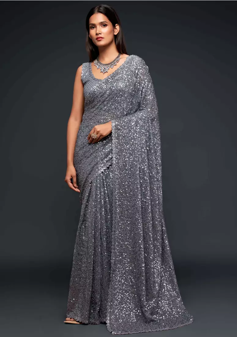 Grey embroidered georgette saree with blouse