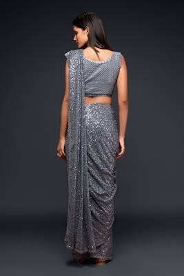 Grey Thread And Multiple Sequins Embroidered Georgette Party Wear Bridal Wedding Festival Designer Saree 4