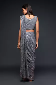 Grey Thread And Multiple Sequins Embroidered Georgette Party Wear Bridal Wedding Festival Designer Saree