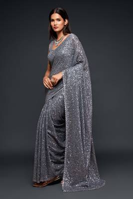 Grey Thread And Multiple Sequins Embroidered Georgette Party Wear Bridal Wedding Festival Designer Saree 5