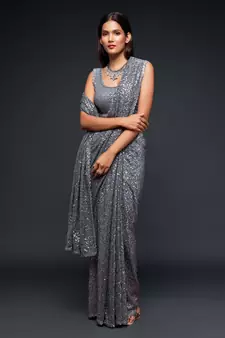 Grey Thread And Multiple Sequins Embroidered Georgette Party Wear Bridal Wedding Festival Designer Saree