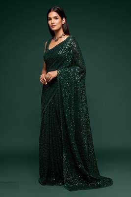 Deep Green Thread And Multiple Sequins Embroidered Georgette Party Wear Bridal Wedding Festival Designer Saree 1