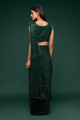 Deep Green Thread And Multiple Sequins Embroidered Georgette Party Wear Bridal Wedding Festival Designer Saree 4