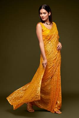 Yellow Thread And Multiple Sequins Embroidered Georgette Saree 1