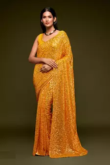 Yellow Thread And Multiple Sequins Embroidered Georgette Saree