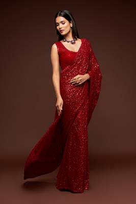 Ruby Red Thread And Multiple Sequins Embroidered Georgette Party Wear Bridal Wedding Festival Designer Saree 1