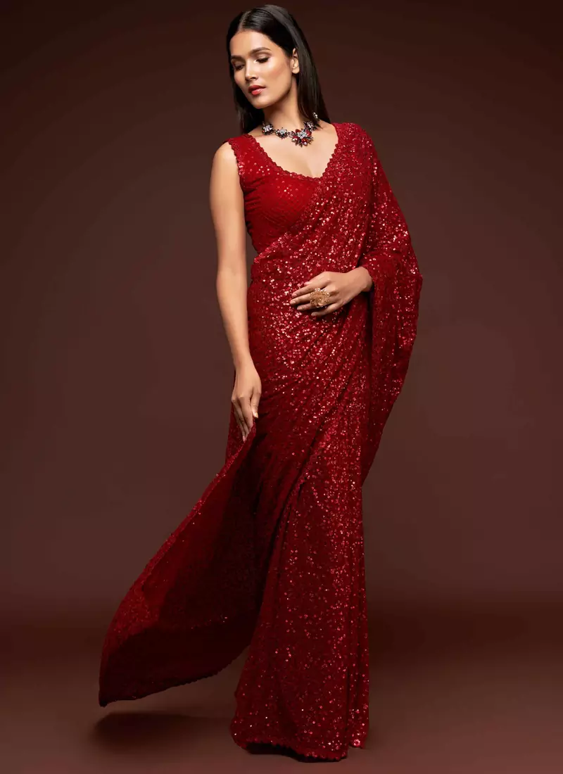 Red embroidered georgette saree with blouse